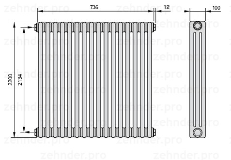 Схема (чертеж) Радиатор Zehnder Charleston 3220/16 №1270 Белый глянцевый RAL 9016